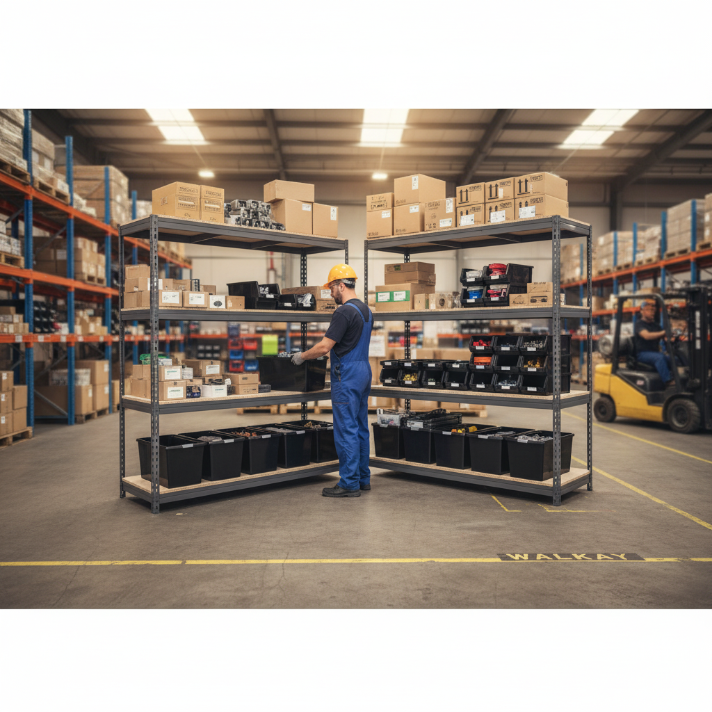 4x Premium Heavy Duty Shelving - 2000mm High - Grey with 12x 37L Plastic Storage Boxes - Side view