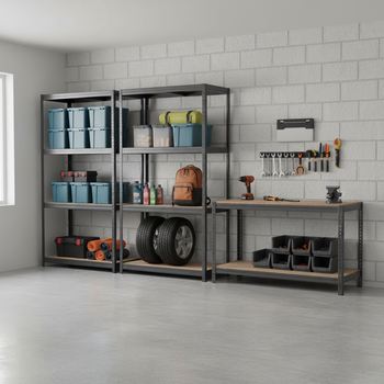 Premium 2x Shelving Units & 1x Heavy Duty Workbench - 1600mm High & Wide - Grey