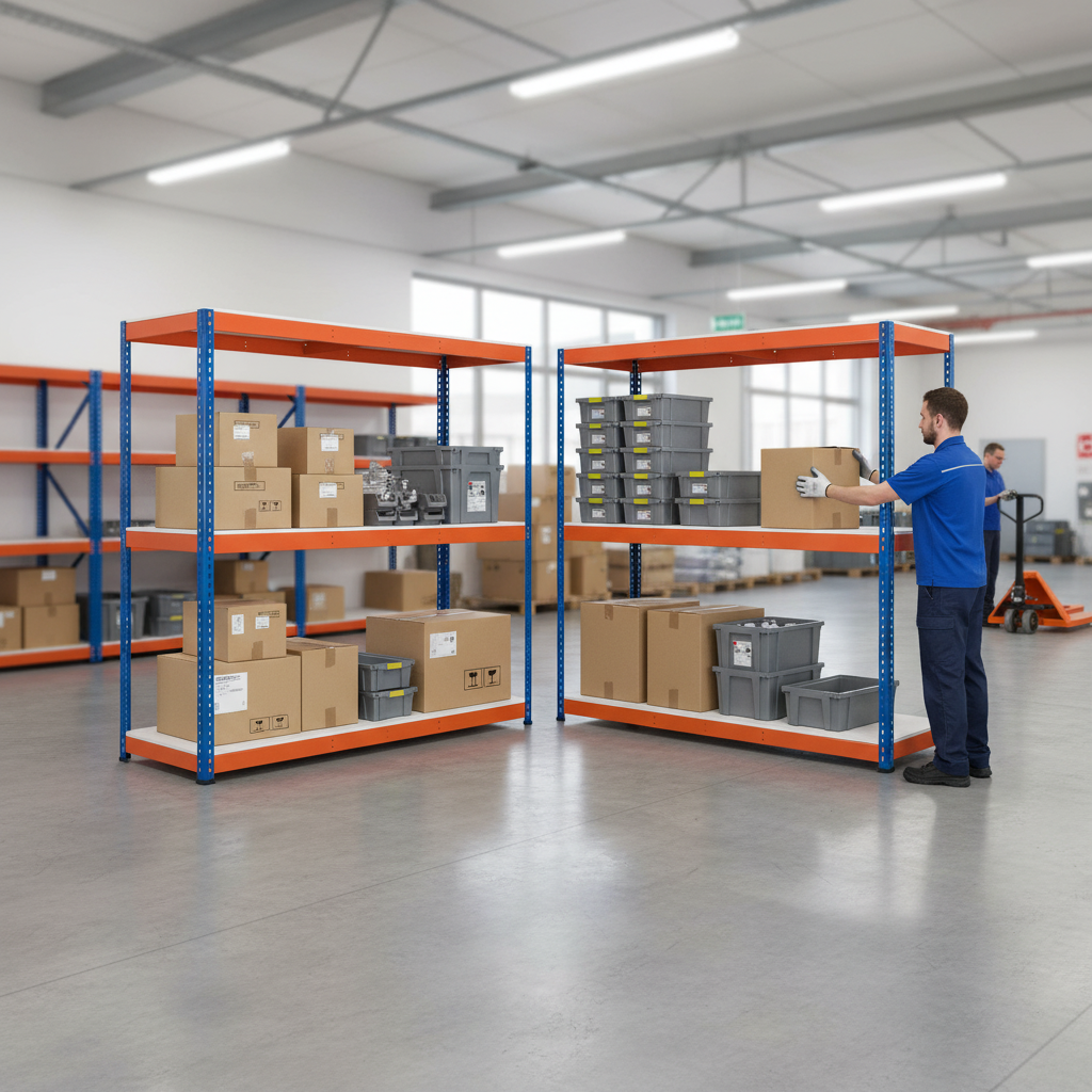 Heavy Duty 4x Industrial Shelving - 1677mm High - 400kg Capacity - Melamine - Blue & Orange - Side view