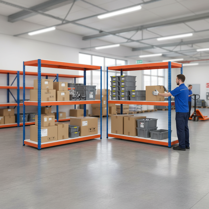Heavy Duty 4x Industrial Shelving - 1677mm High - 400kg Capacity - Melamine - Blue & Orange - Side view