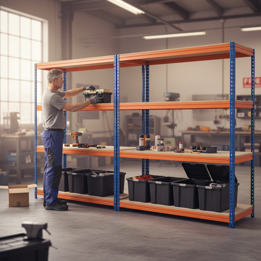 4x Heavy Duty Shelving - 1800mm High - Blue & Orange with 8x 62L Plastic Storage Boxes - Front view