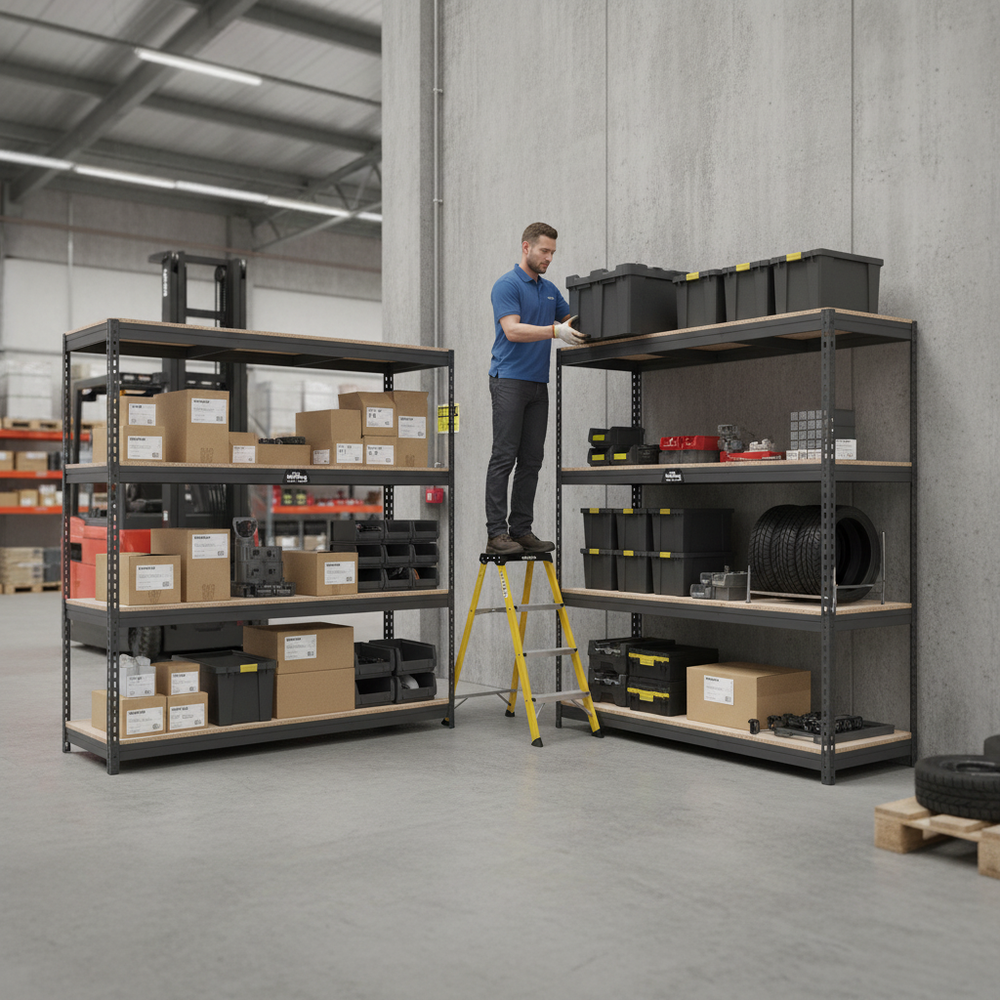 4x Premium Heavy Duty Garage Shelving - 1600mm High - 500kg Capacity - Grey - Side view