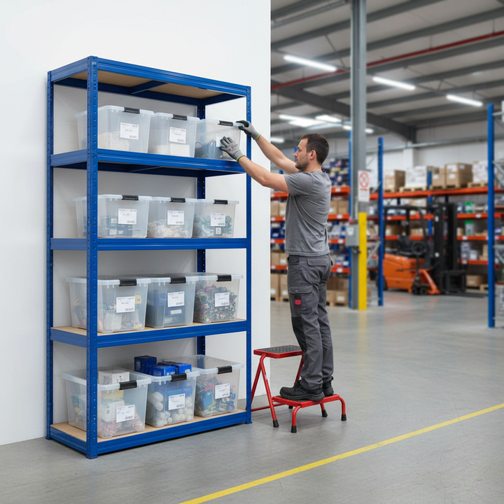 Heavy Duty Shelving Unit - 2130mm High with 12x 60L Storage Boxes - Side view