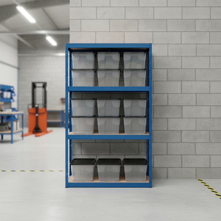 Heavy Duty Shelving Unit - 1600mm High with 12x 24L Storage Boxes - Front view