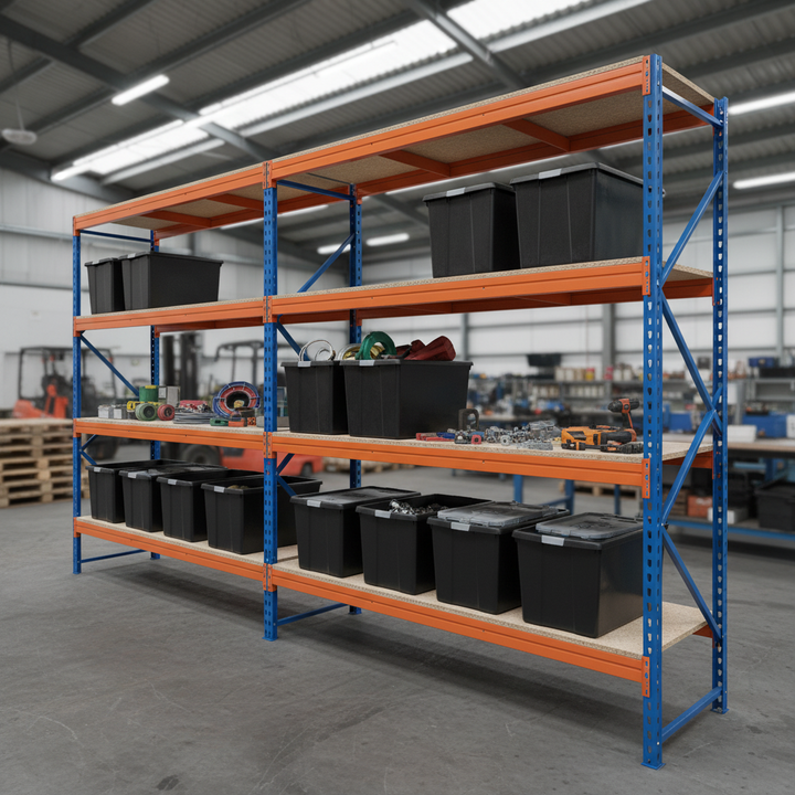 3x Heavy Duty Shelving - 2200mm High - Blue & Orange with 12x 62L Plastic Storage Boxes - Front view