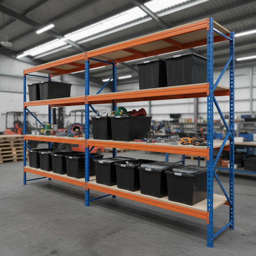 3x Heavy Duty Shelving - 2200mm High - Blue & Orange with 12x 62L Plastic Storage Boxes - Front view