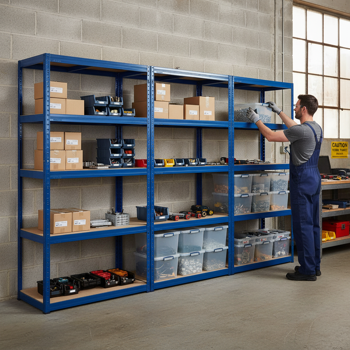 Premium 3x Shelving Units - 2130mm High - Blue with 8x 33.5L Storage Boxes - Front view
