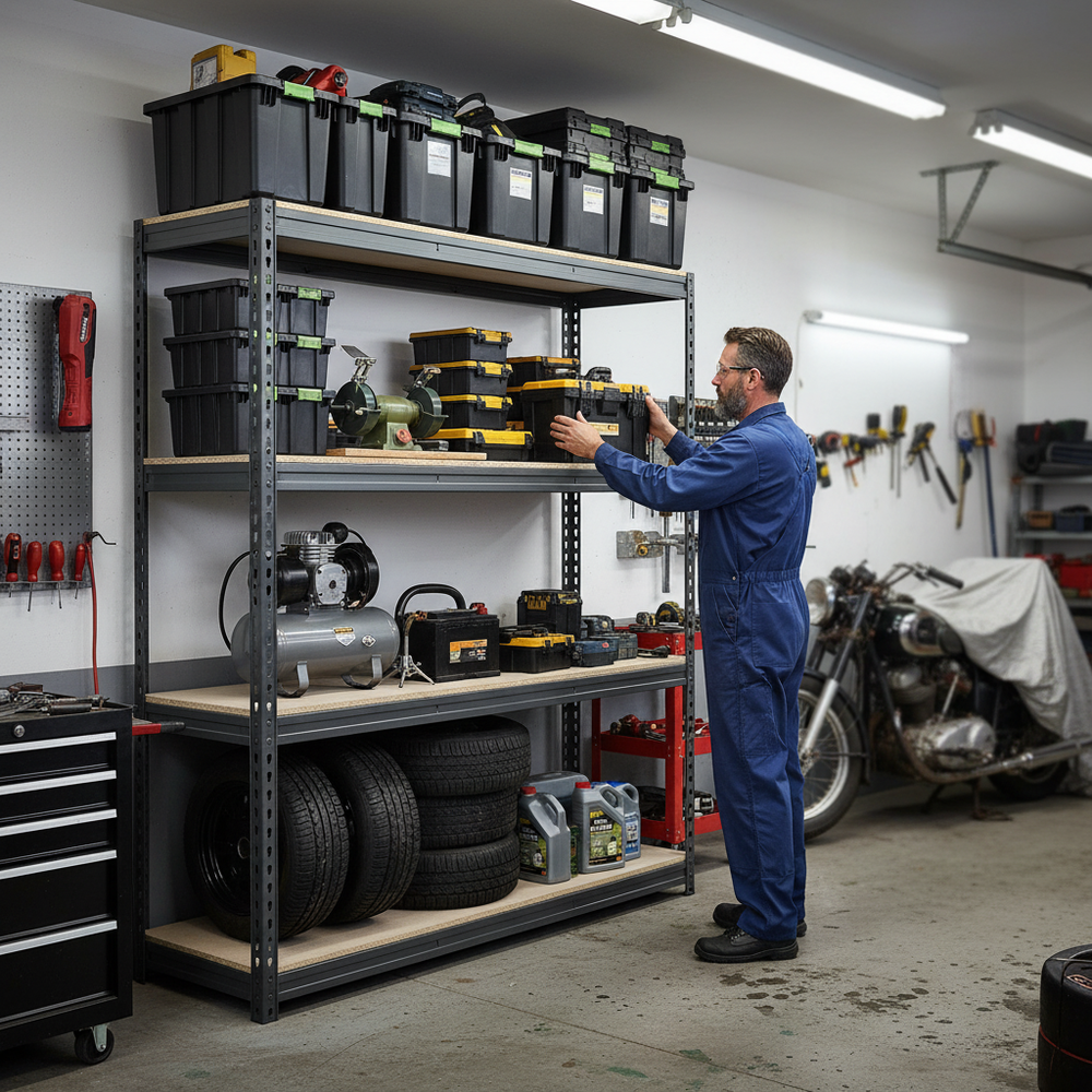 Premium Heavy Duty Garage Shelving - 2200mm High - 500kg Capacity - Grey - Side view