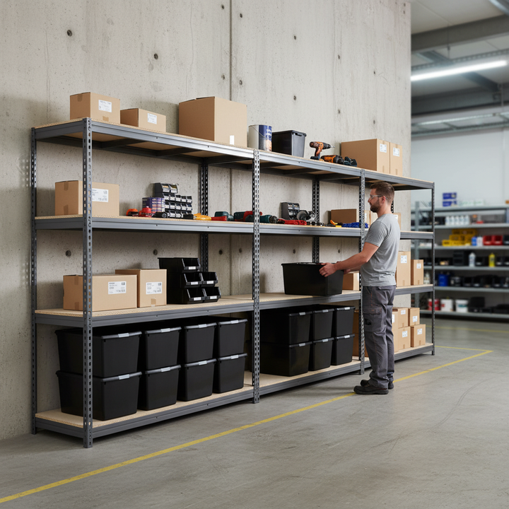 3x Premium Heavy Duty Shelving - 1800mm High - Grey with 8x 62L Plastic Storage Boxes - Side view