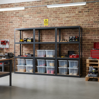 Premium 3x Shelving Unit - 1600mm High - Grey with 12x 60L Plastic Storage Boxes