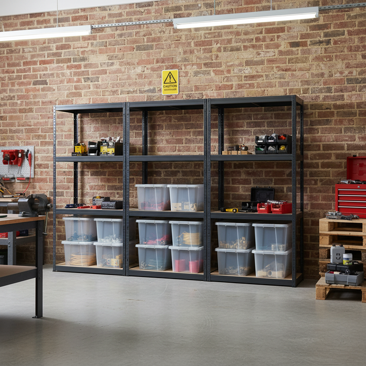 Premium 3x Shelving Unit - 1600mm High - Grey with 12x 60L Plastic Storage Boxes - Front view