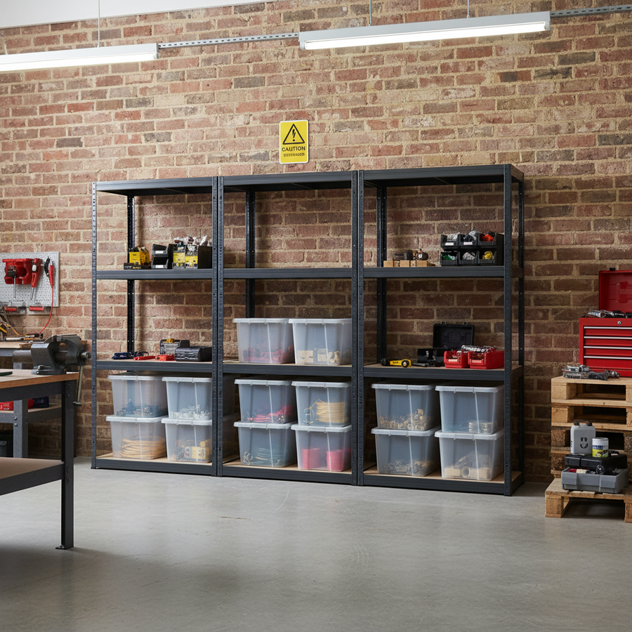 Premium 3x Shelving Unit - 1600mm High - Grey with 12x 60L Plastic Storage Boxes - Front view