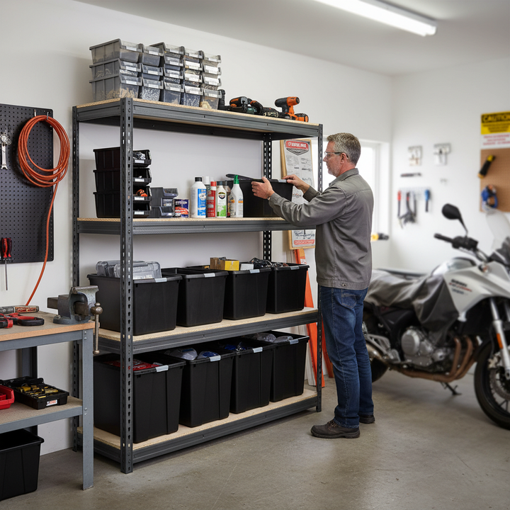 Premium Heavy Duty Shelving - 2200mm High - Grey with 8x 62L Plastic Storage Boxes - Side view
