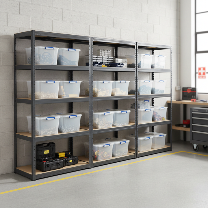 3x Heavy Duty Shelving Units - 2130mm High - Grey with 12x 33.5L Storage Boxes - Front view