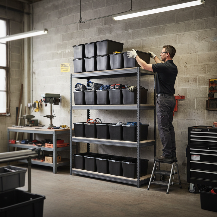 Heavy Duty Shelving Unit - 2200mm High with 12x 62L Plastic Storage Boxes - Front view