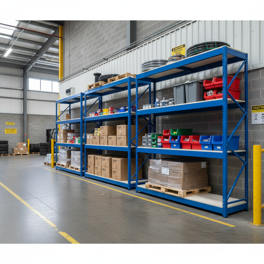3x Heavy Duty Industrial Shelving - 2440mm High - 400kg Capacity - Melamine - Blue - Front view