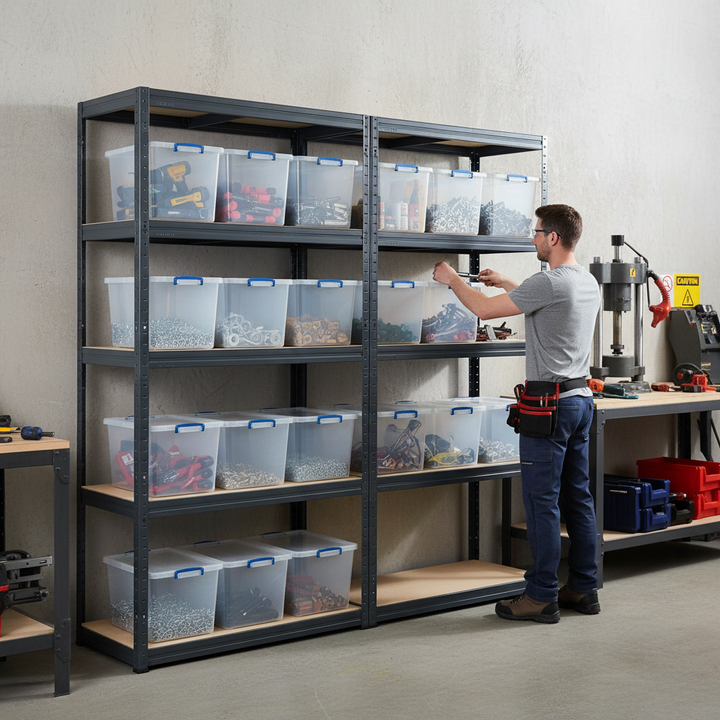 2x Heavy Duty Shelving Units - 2130mm High - Grey with 12x 33.5L Storage Boxes - Front view