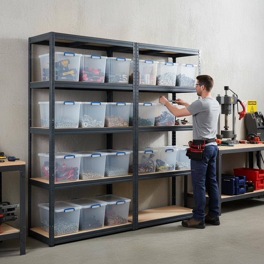 2x Heavy Duty Shelving Units - 2130mm High - Grey with 12x 33.5L Storage Boxes - Front view