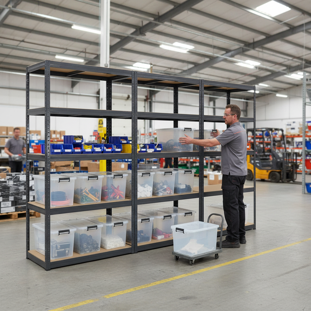 Heavy Duty Shelving Units with 10x 37L Plastic Storage Boxes - 1800mm High - Side view