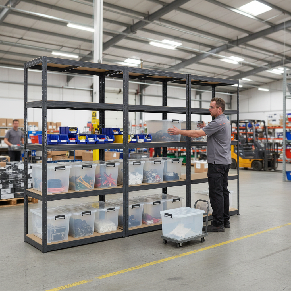 Heavy Duty Shelving Units with 10x 37L Plastic Storage Boxes - 1800mm High - Side view