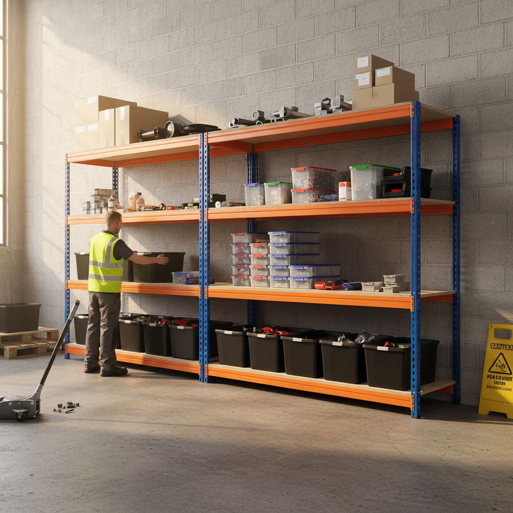 4x Premium Heavy Duty Shelving - 1800mm High with 8x 37L Storage Boxes - Side view