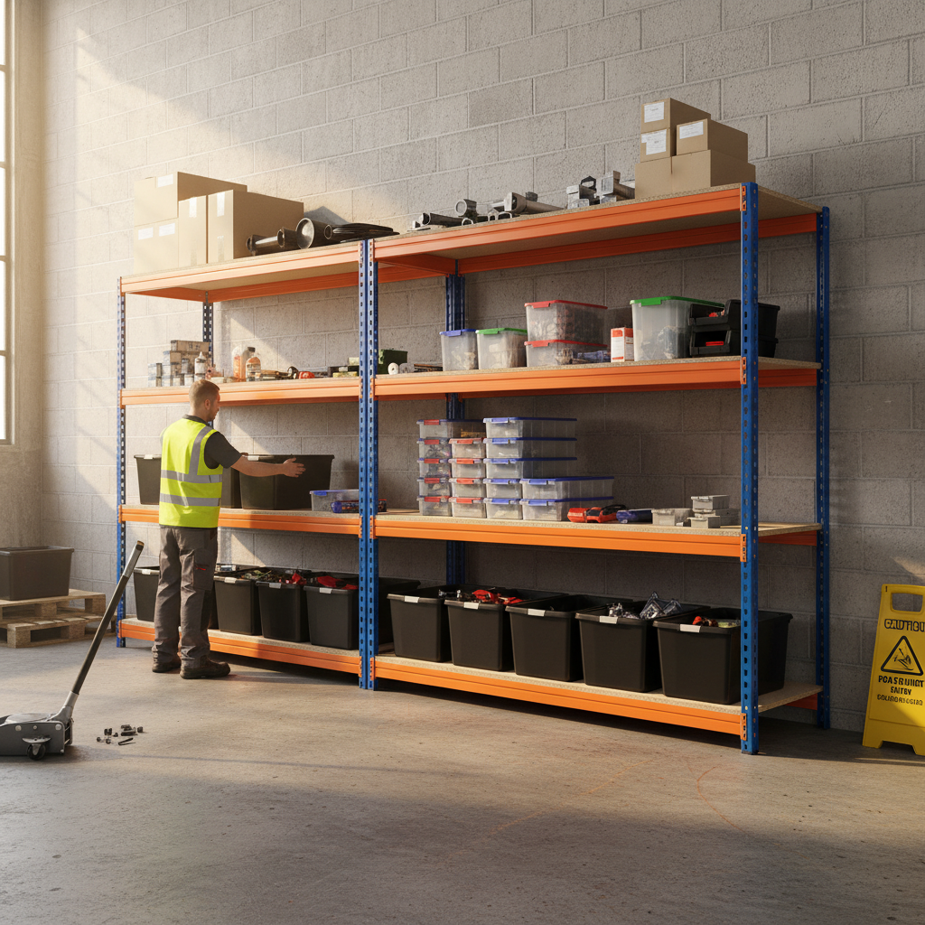 4x Premium Heavy Duty Shelving - 1800mm High with 8x 37L Storage Boxes - Side view
