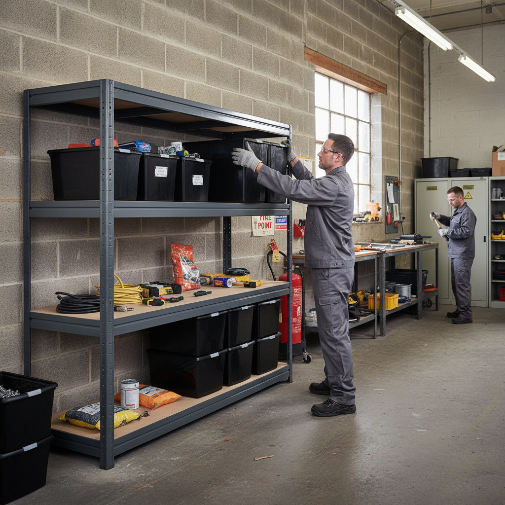 3x Heavy Duty Shelving - 1770mm High with 12x 62L Plastic Storage Boxes - Front view