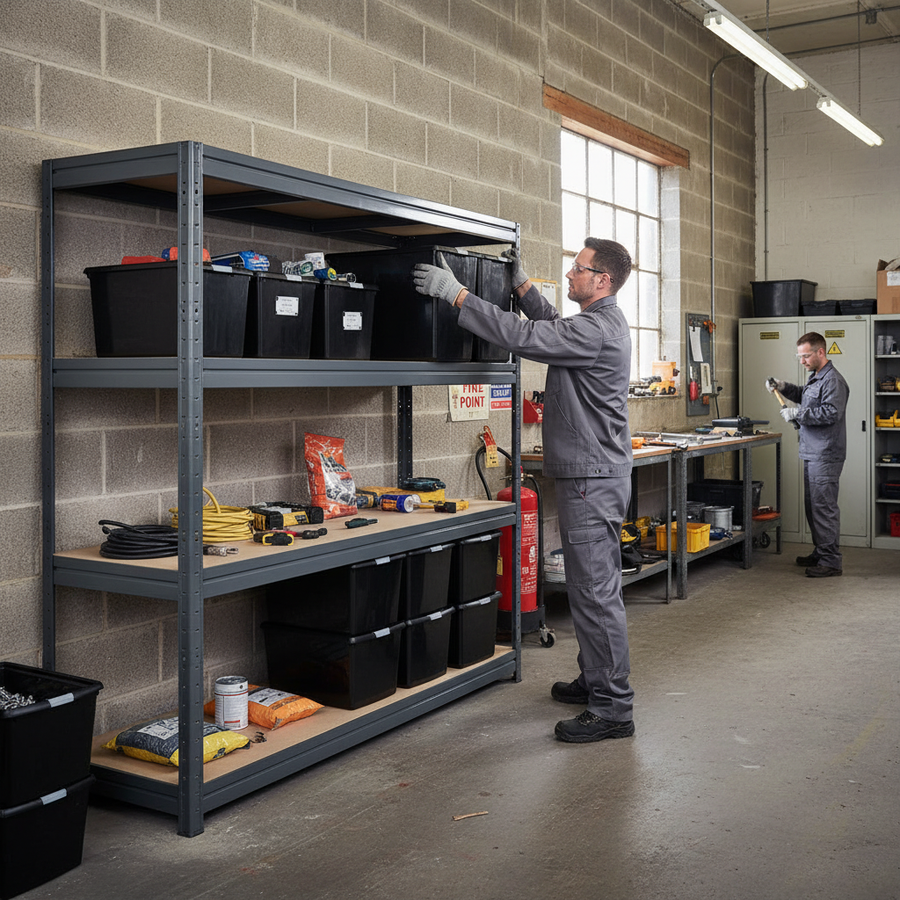 3x Heavy Duty Shelving - 1770mm High with 12x 62L Plastic Storage Boxes - Front view