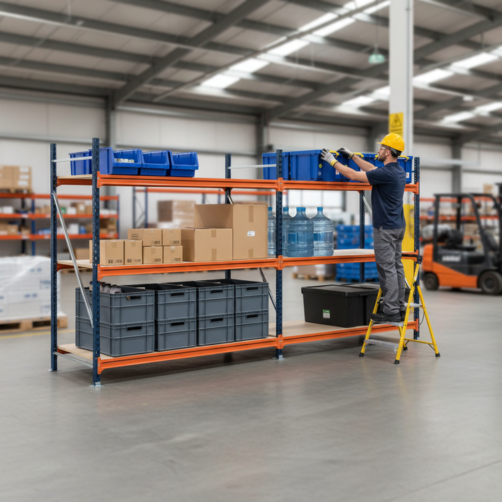 2x Heavy Duty Longspan Shelving - 3000mm High - Blue & Orange - Front view
