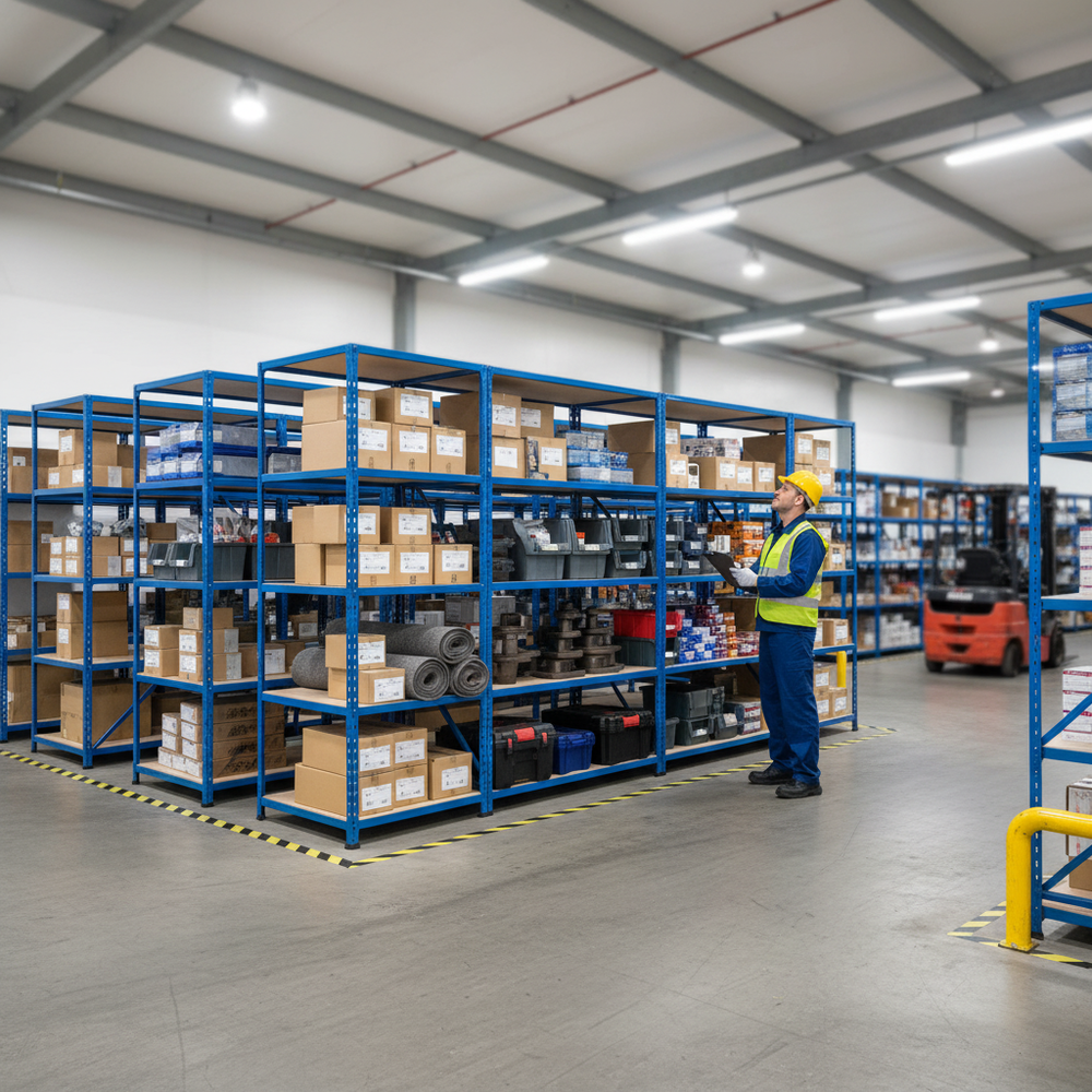 Premium Industrial Shelving - 2440mm High - 200kg Load Capacity - Chipboard - Blue Finish - Side view