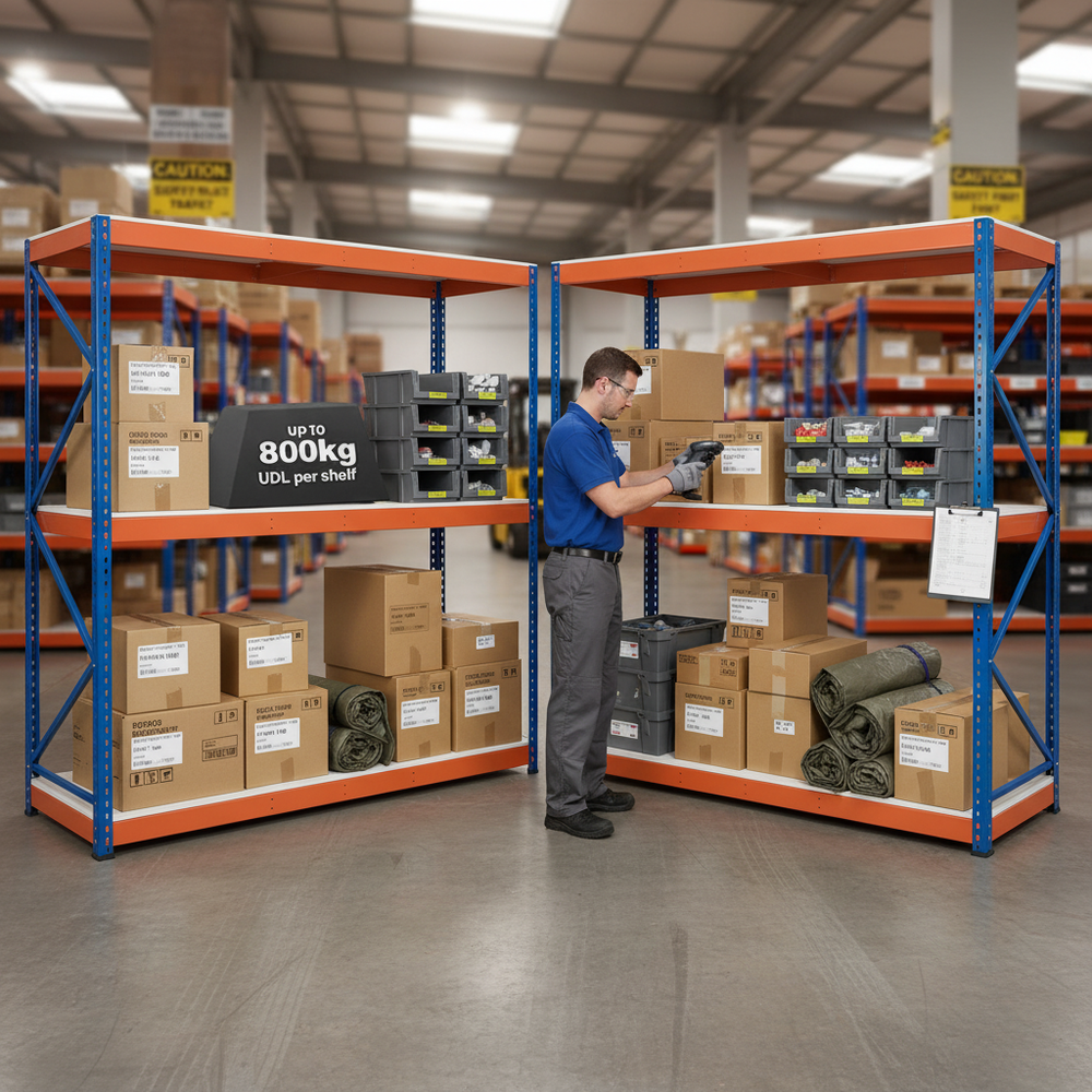 Heavy Duty Industrial Shelving - 1980mm High - 800kg Capacity - Blue & Orange - Side view
