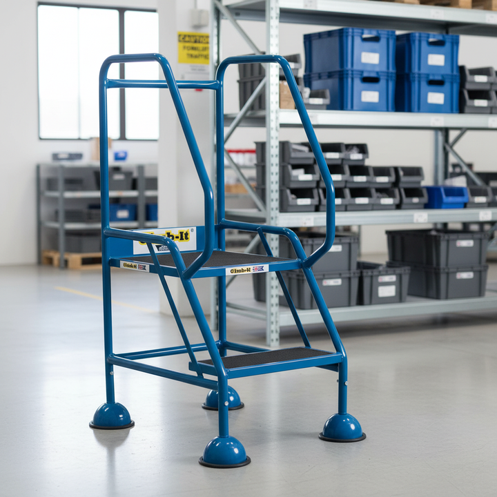 Premium Mobile Safety Steps with Spring-Loaded Castors - 150kg Capacity - Front view