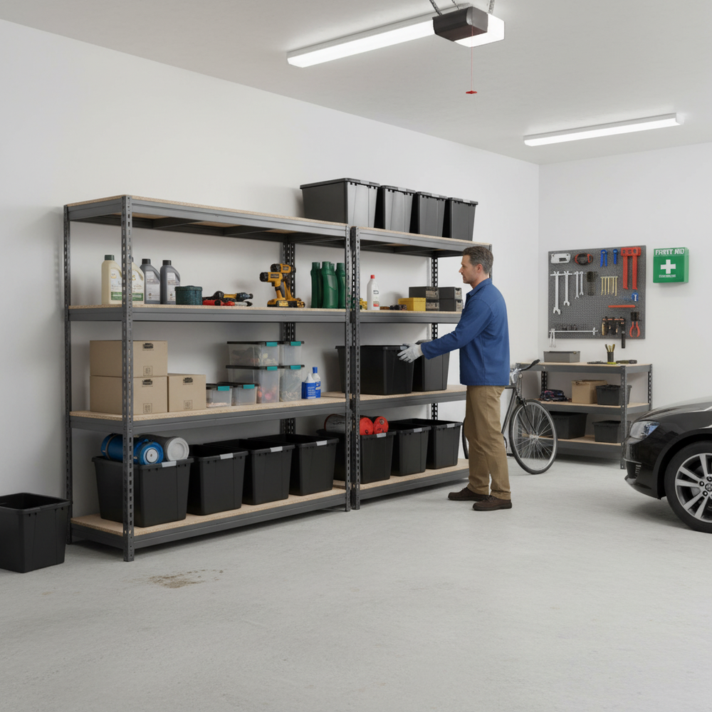 4x Premium Heavy Duty Shelving - 1600mm High - Grey with 8x 62L Plastic Storage Boxes - Side view