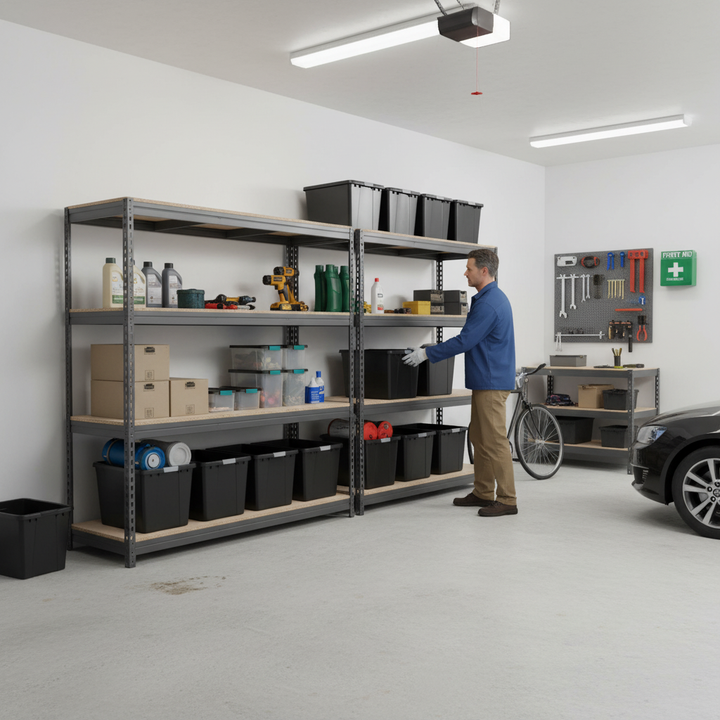 4x Premium Heavy Duty Shelving - 1600mm High - Grey with 8x 62L Plastic Storage Boxes - Side view
