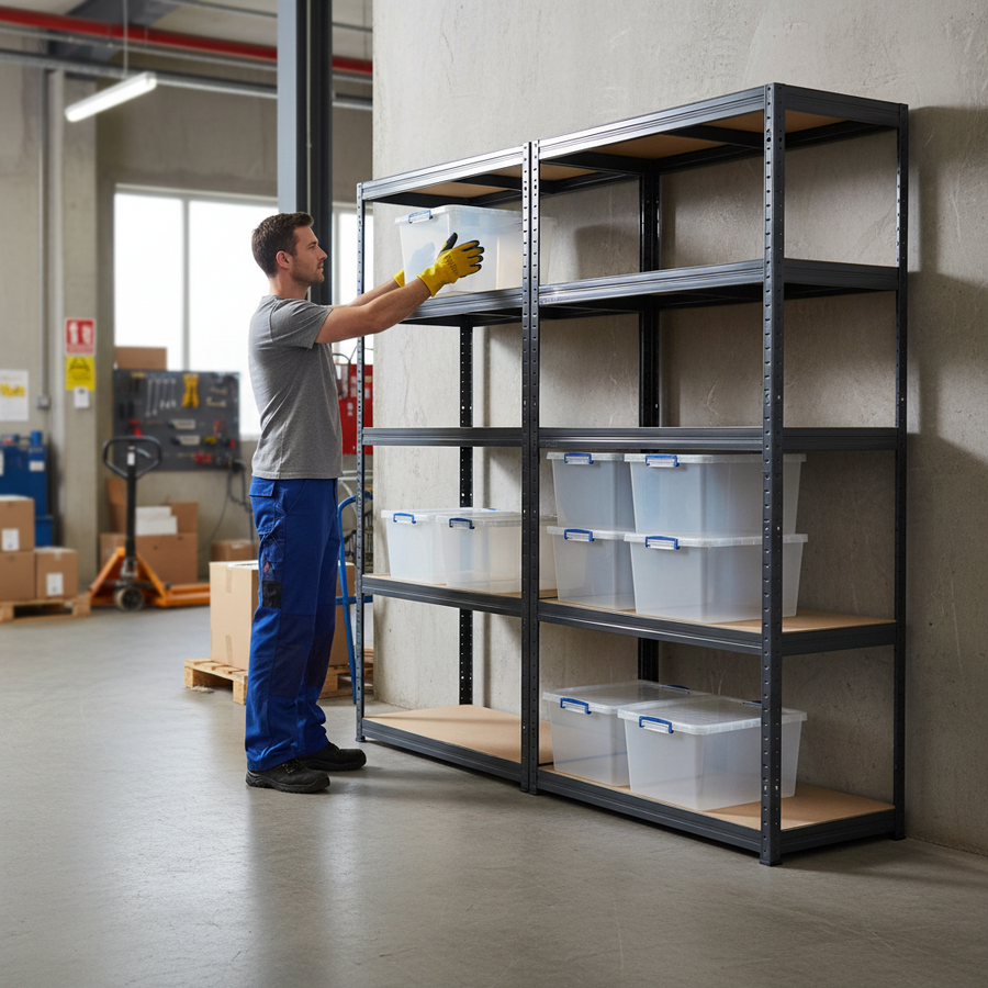 2x Heavy Duty Shelving Units - 2130mm High - Grey with 8x 33.5L Storage Boxes - Front view