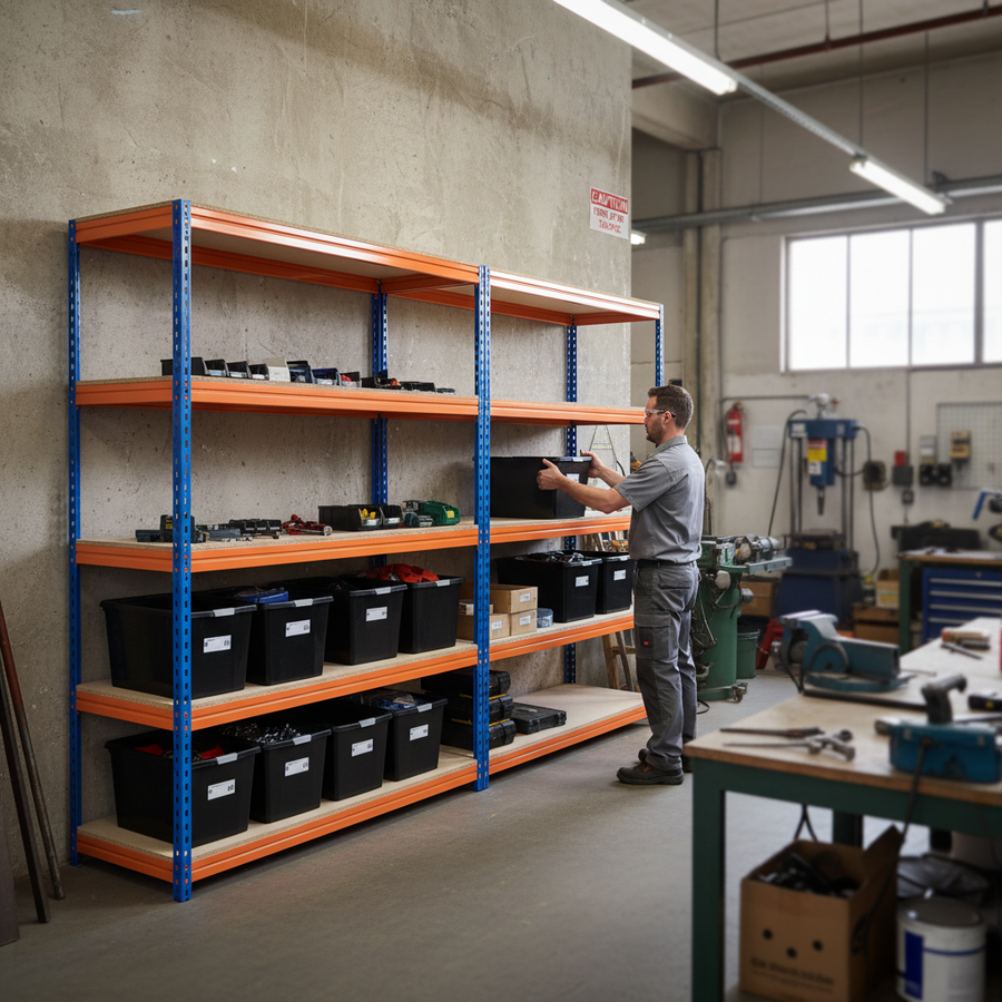 4x Heavy Duty Shelving - 2000mm High - Blue & Orange with 8x 37L Plastic Storage Boxes - Front view