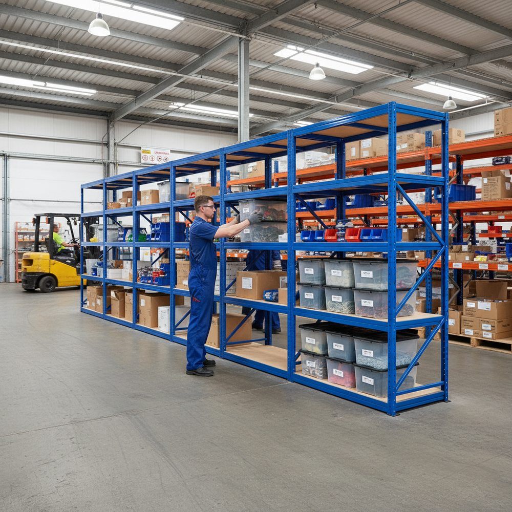 Premium 4x Shelving Units - 1800mm High - Blue with 8x 24L Plastic Storage Boxes - Side view