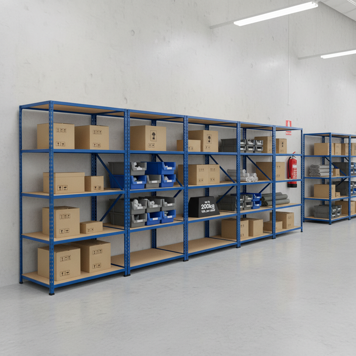Premium Industrial Shelving - 2440mm High - 200kg Load Capacity - Chipboard - Blue Finish - Front view