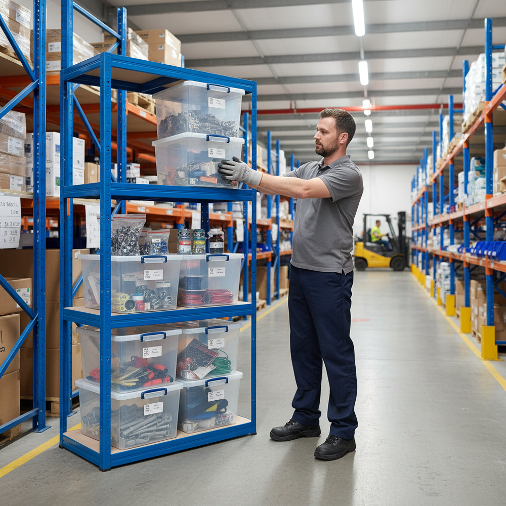 Heavy Duty Shelving Unit 1600mm High with 8x 33.5L Storage Boxes - Side view