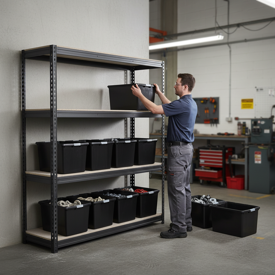 Heavy Duty Shelving Unit with 12x 37L Plastic Storage Boxes - 1800mm High - Grey - Front view