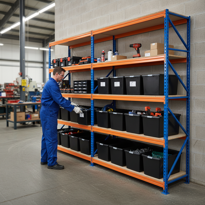 3x Heavy Duty Shelving - 2200mm High - Blue & Orange with 12x 37L Plastic Storage Boxes - Side view