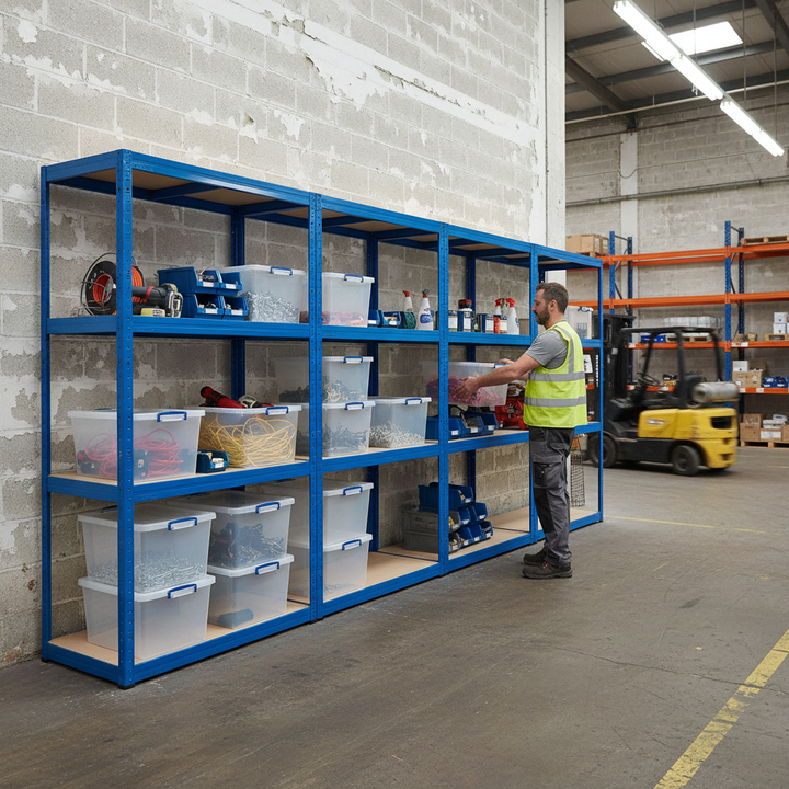 3x Heavy Duty Shelving Units - 1600mm High - Blue with 8x 33.5L Plastic Storage Boxes - Side view