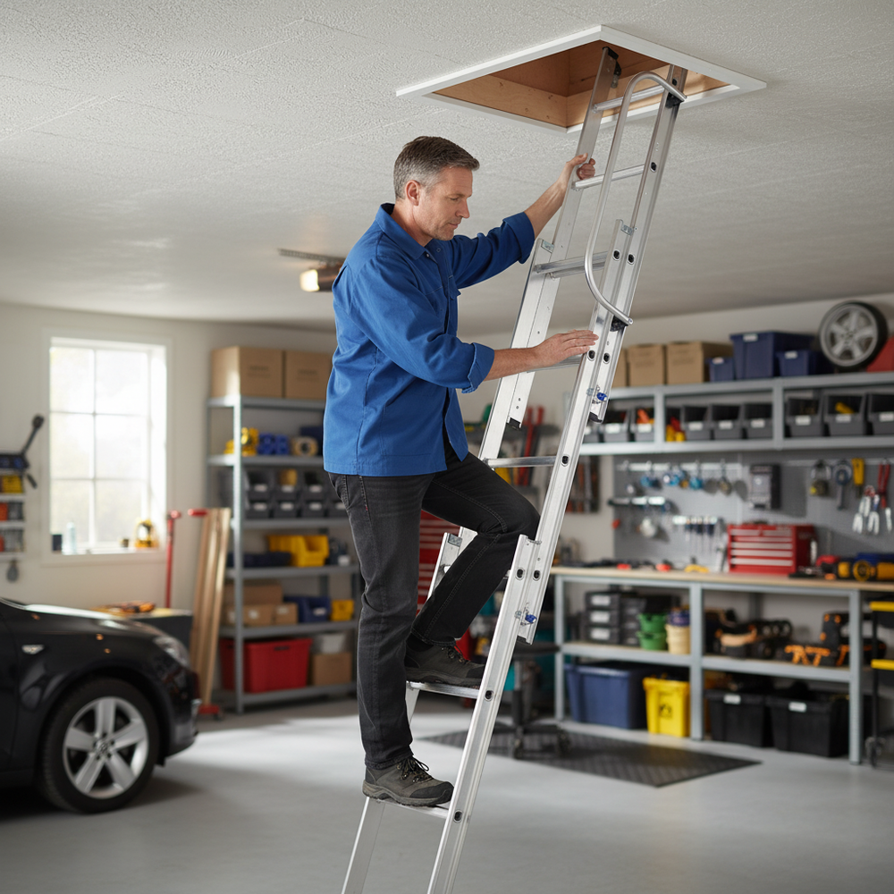 Heavy Duty Aluminium Loft Ladder with Handrail - 3 Section Design - Side view