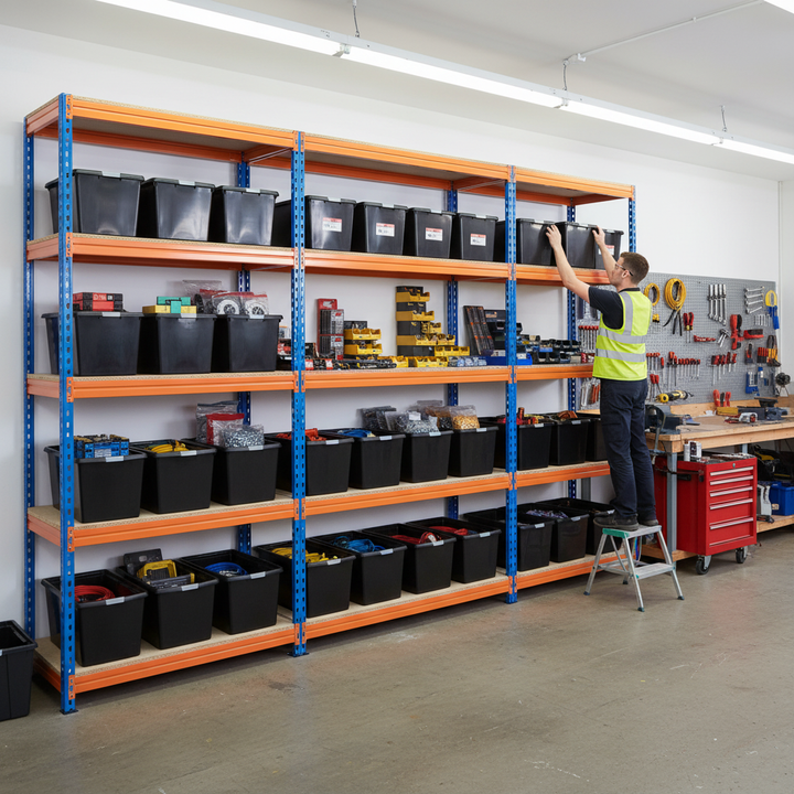 3x Premium Heavy Duty Shelving - 1600mm High - Blue & Orange with 12x 37L Storage Boxes - Side view
