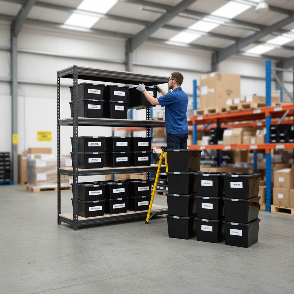 Heavy Duty Shelving Unit with 12x 37L Plastic Storage Boxes - 1800mm High - Grey - Side view