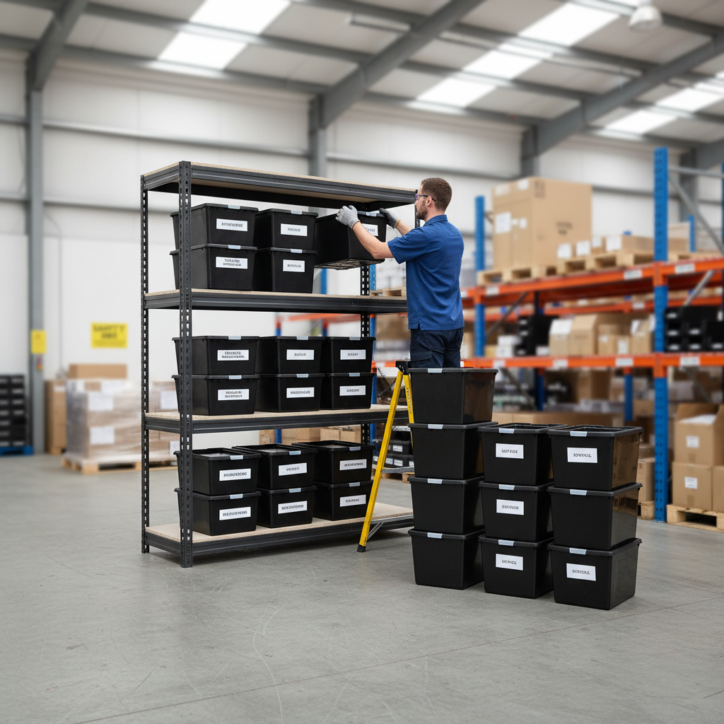 Heavy Duty Shelving Unit with 12x 37L Plastic Storage Boxes - 1800mm High - Grey - Side view