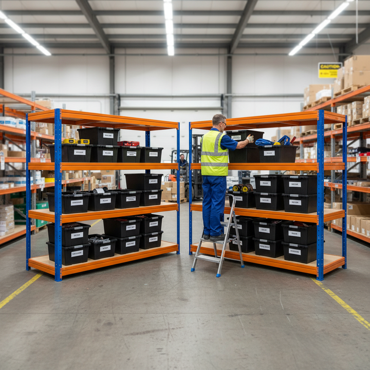 4x Heavy Duty Shelving - 1770mm High - Blue & Orange with 8x 62L Plastic Storage Boxes - Side view