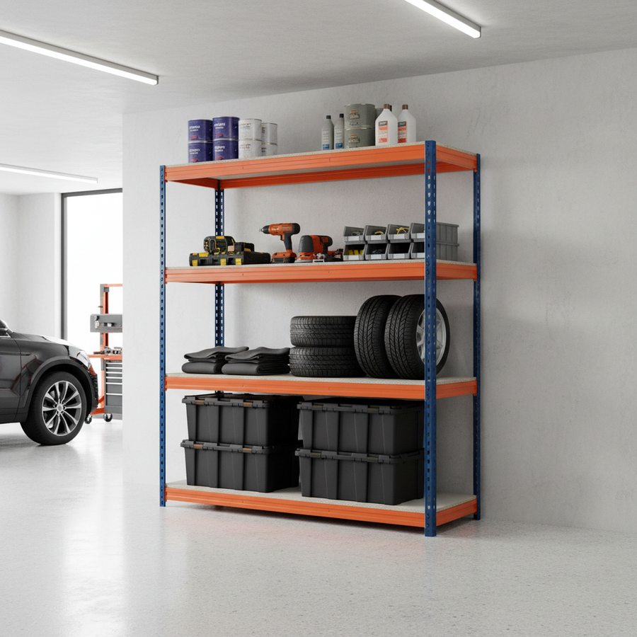 Premium Heavy Duty Garage Shelving - 2200mm High - 500kg Capacity - Blue & Orange - Front view
