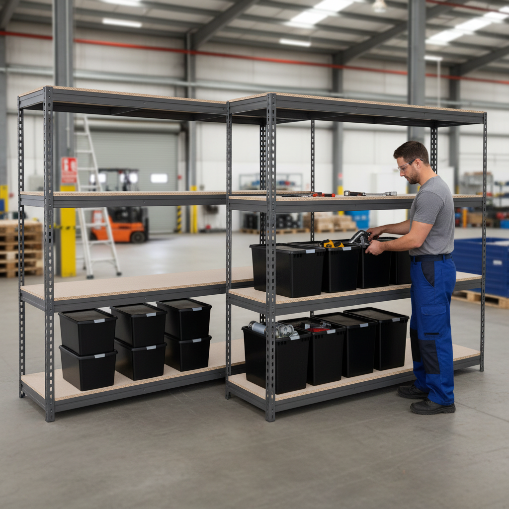 3x Premium Heavy Duty Shelving - 2200mm High - Grey with 12x 37L Storage Boxes - Front view