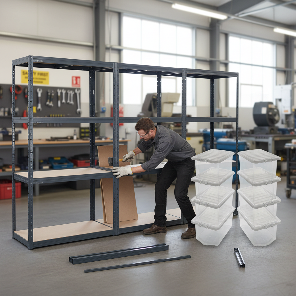 3x Heavy Duty Shelving Unit - 1600mm High - Grey with 8x 60L Plastic Storage Boxes - Front view
